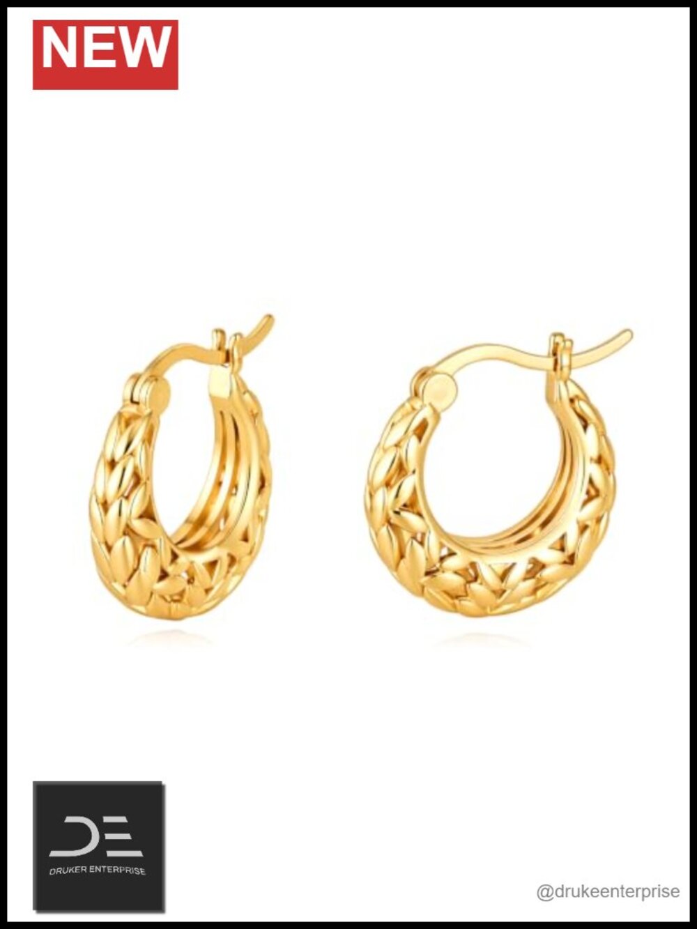 14K Gold Plated Hoop Earrings Women Wheat Leaf Textured Huggie 16.5mm